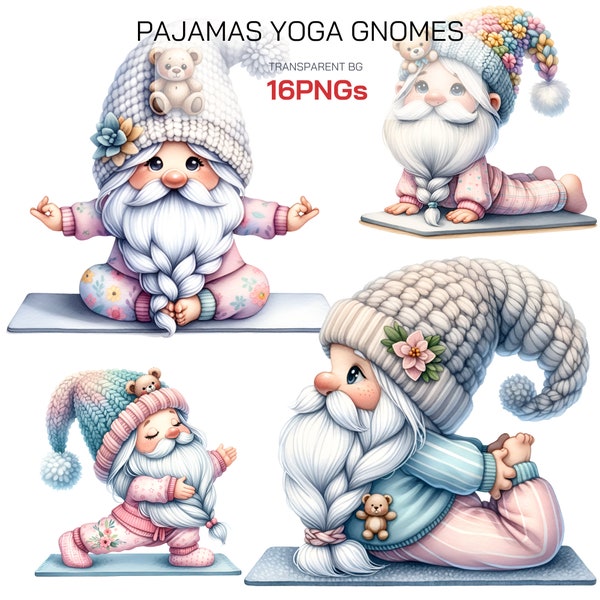 Gnome in Pajamas Yoga Clipart - Cute Watercolor Gnome Graphics, Adorable Yoga Gnomes for Baby Shower & Kids Birthday, Downloadable Clipart