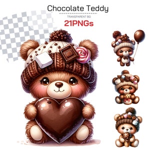 Conjunto de imágenes prediseñadas de osito de peluche de chocolate: para baby showers, decoración de guardería, regalos del día de nacimiento, lindo osito en pastel de panadería para elaboración