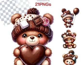 Chocolate Teddy Bear Clipart Bundle Set - For Baby Showers, Nursery Decor, Birth day Gifts, Cute Baby Bear on Bakery cake for Crafting
