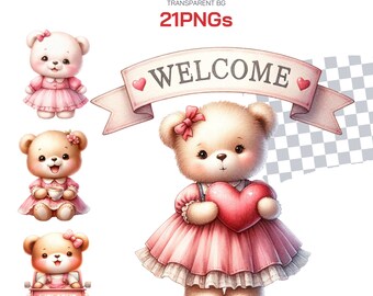 Welcome Baby Teddy Bear Clipart Bundle Png Pink Collection - Perfect Gift for Baby Showers and Newborn Gifts, Decoration and Sublimation