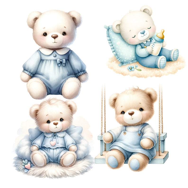 Playful Blue Teddy Bear Clipart Pack - Fun Designs for Baby Boy Shower Themes