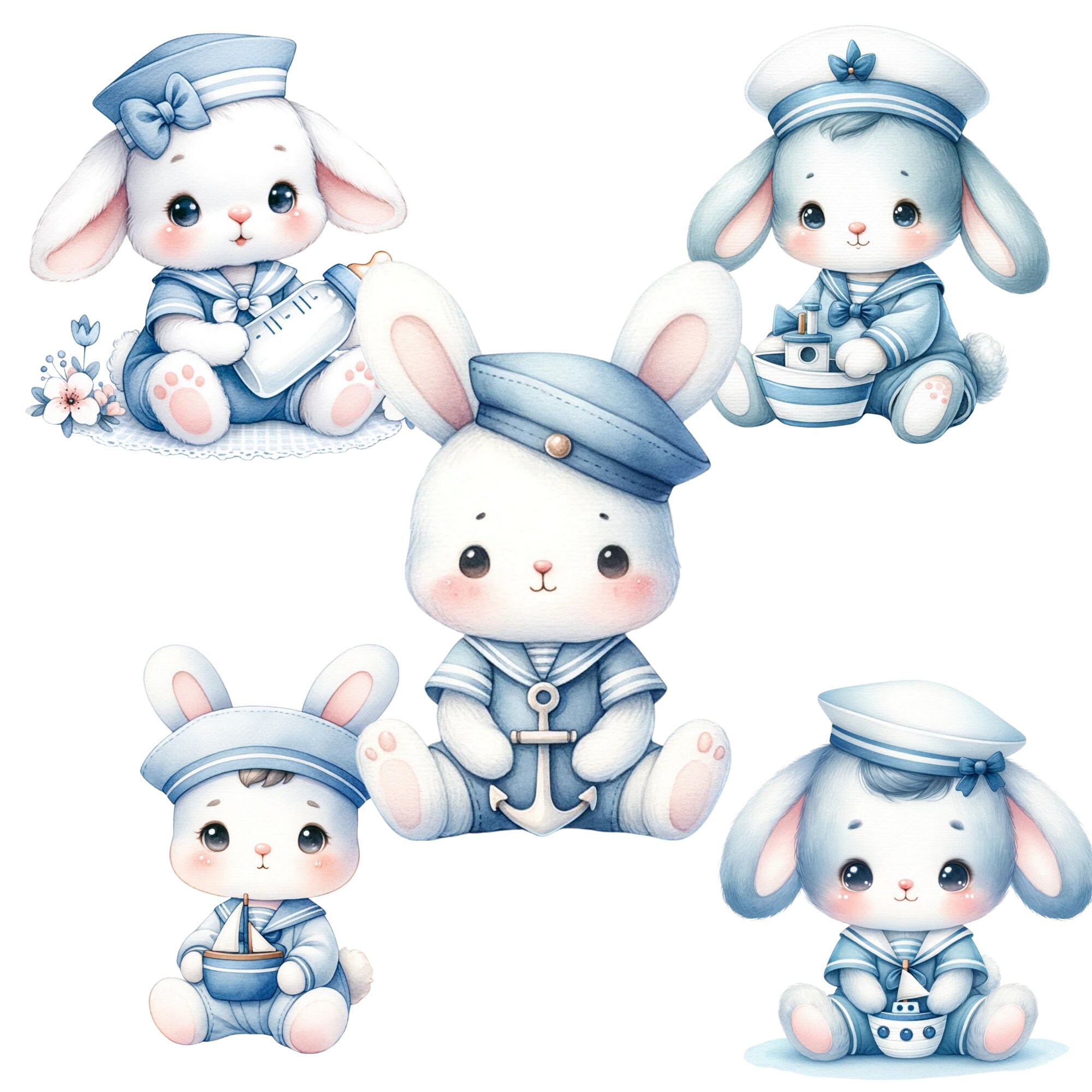 Baby Shower Graphics Rabbit Sailor Rabbit Clipart Collection - Adorable Watercolor Bunny PNG ...
