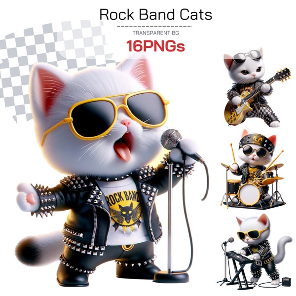 Colección de imágenes prediseñadas de Rock Star Cat - Lindo Animal Png Perfecto para amantes de la música y decoración y sublimación divertidas. regalo para músico, cantante