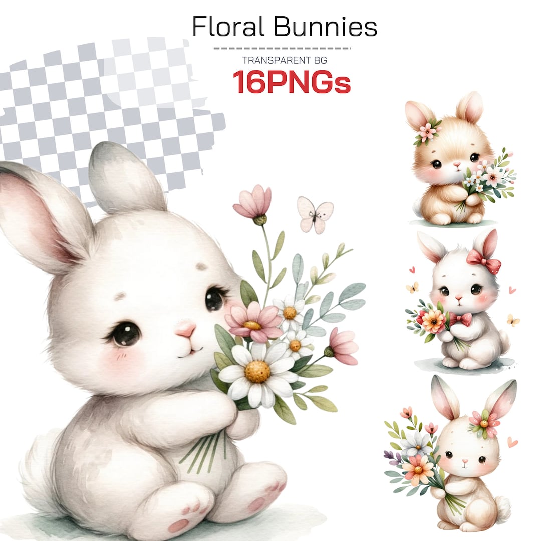 Bunnies Bunnies Adorable Watercolor Clipart Collection Floral Nursery ...