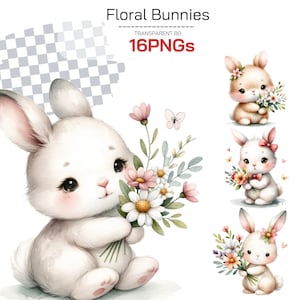 Bunnies Bunnies Entzückende Aquarell Clipart Sammlung Blumenkindergarten und Frühlingsthema Clipart, Perfekt für Ostern und Kinderprojekte