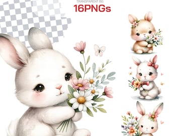 Bunnies Bunnies Adorable Watercolor Clipart Collection Floral Nursery and Spring-Themed Clipart, Perfect for Easter and Children's Projects