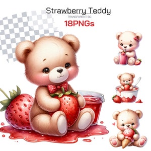 Lot de cliparts nounours et fraises - Parfait pour une baby shower et un cadeau adorable. Ours en peluche imprimable pour décoration par sublimation