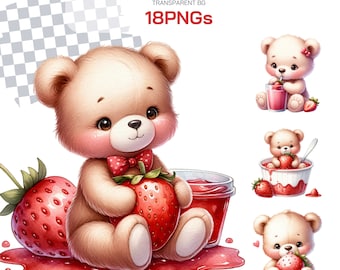 Teddy und Erdbeere Clipart Bundle - Perfekt für Babypartys und entzückende süße Geschenke. Teddybär druckbar für Sublimationsdekoration