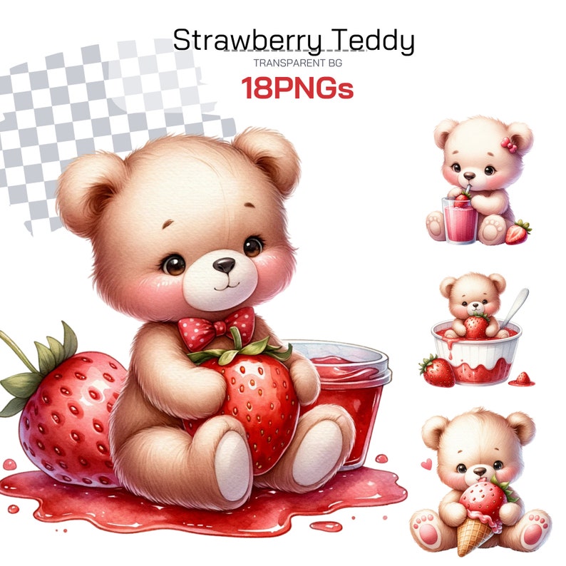 Adorable Teddy Bear & Strawberry Clipart - Perfect for Baby Showers and Crafts