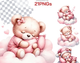 Pink Teddy Bear Clipart Collection - Adorable Watercolor Bears for Baby Showers and Nursery Decor, Cute Bear PNGs