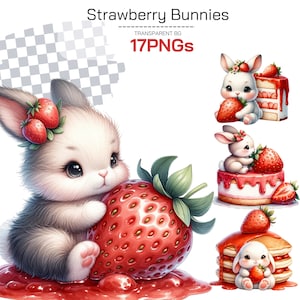 Strawberry Bunny Clipart Sammlung - Entzückende Oster- und Babypartyhasen-PNGs, perfekt für Kawaii-Dekor und Bäckerei Themen