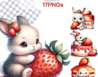 Strawberry Bunny Clipart Collection - Adorable Easter and Baby Shower Bunny PNGs, Perfect for Kawaii Decor and Bakery Themes