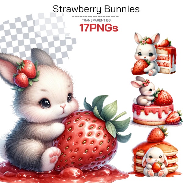Strawberry Bunny Clipart Collection - Adorable Easter and Baby Shower Bunny PNGs, Perfect for Kawaii Decor and Bakery Themes