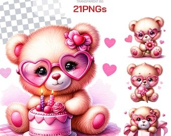Pink Teddy Bear Clipart Bundle Set- Wear Glasses, Adorable Pink Baby Showers ,Girl's Nursery Decor, Cute Teddy Birthday Gift, Wall art Print