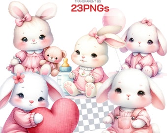 Cute Bunny Clipart Collection - Watercolor Rabbit and Spring Bunnies PNG, Perfect for Baby Showers, Nursery Decor, and Woodland Themes