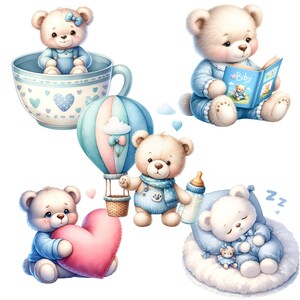 Baby Blue Teddy Bear and Hot Air Balloon Clipart - Dreamy Art for Baby Rooms