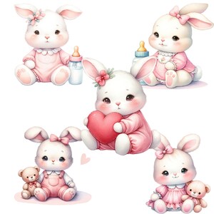 K&ouml;nnte beinhalten: F&uuml;nf s&uuml;&szlig;e Cartoon-Hasen in rosa und wei&szlig;en Outfits. Die Hasen halten ein Herz, einen Teddyb&auml;r, eine Flasche und einen Schnuller.