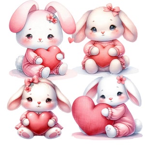 K&ouml;nnte beinhalten: Vier niedliche Cartoon-Hasen, die rosa Herzen halten. Jeder Hase tr&auml;gt ein rosa-wei&szlig;es Outfit. Die Hasen befinden sich auf einem wei&szlig;en Hintergrund.