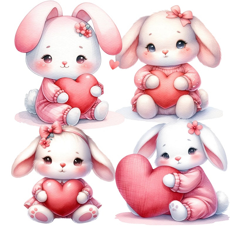 K&ouml;nnte beinhalten: Vier niedliche Cartoon-Hasen, die rosa Herzen halten. Jeder Hase tr&auml;gt ein rosa-wei&szlig;es Outfit. Die Hasen befinden sich auf einem wei&szlig;en Hintergrund.
