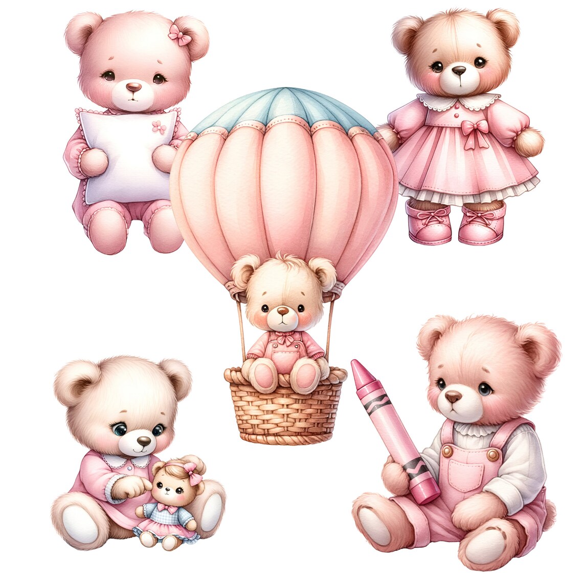 Pink Teddy Bear Clipart for Baby Shower Cute Boho Teddy Bear, Hot Air ...