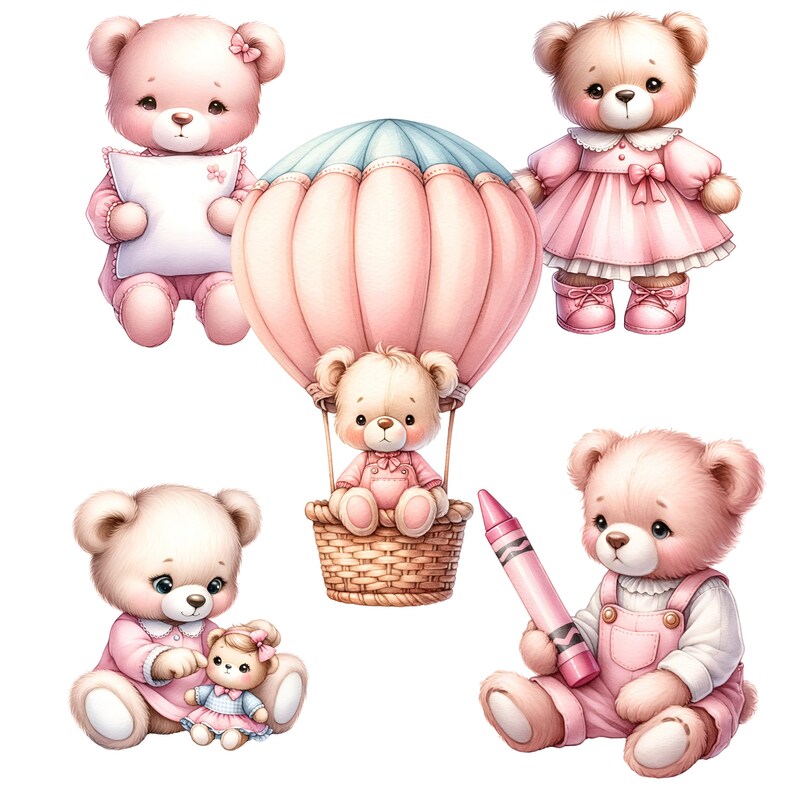 Pink Teddy Bear Clipart for Baby Shower - Cute Boho Teddy Bear, Hot Air ...