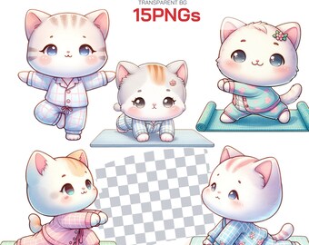 Cute Yoga Cat Clipart Collection - Kawaii Cats in Pajamas, Perfect for Catful Gifts, Yoga Decor, and Nursery Decorations
