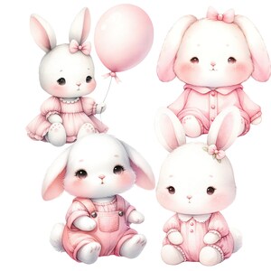 K&ouml;nnte beinhalten: Vier bezaubernde Aquarell-Illustrationen von Hasen in rosa Outfits. Ein Hase h&auml;lt einen rosa Ballon. Die Hasen haben rosa Nasen und Wangen.