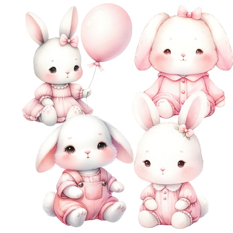 K&ouml;nnte beinhalten: Vier bezaubernde Aquarell-Illustrationen von Hasen in rosa Outfits. Ein Hase h&auml;lt einen rosa Ballon. Die Hasen haben rosa Nasen und Wangen.