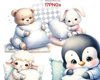 Collection de cliparts animaux endormis - adorable bébé animal PNG, mignon paresseux somnolent et ours, parfait pour l&#39;art mural de chambre d&#39;enfant et les cadeaux pour enfants