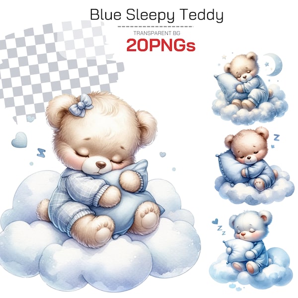 Blue Teddy Bear Baby Shower Clipart - Cute Bear in Hot Air Balloon, Boho Nursery Teddy PNG, Perfect for Boy Shower and Nursery Decor