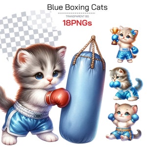 Clipart chat boxe - cadeaux de boxe pour bébé parfaits pour elle, papa et maman pour des projets de décoration et de sublimation en bleu comme un oreiller, une tasse