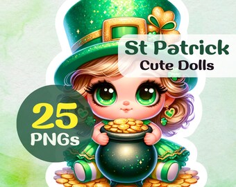 Irish gnome clipart in Luxury Blythe Doll Style - St. Patrick's Day, 25 PNG Images, Lucky Gold Pot Sublimation Designs for gnome pillowcase