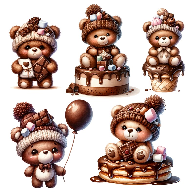 Chocolate Teddy Bear Clipart Bundle Set for Baby Showers, Nursery Decor ...