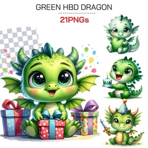 Clipart dragon vert Joyeux anniversaire pour garçon | Mignons dragons fantastiques PNG pour cadeaux d'anniversaire et décoration