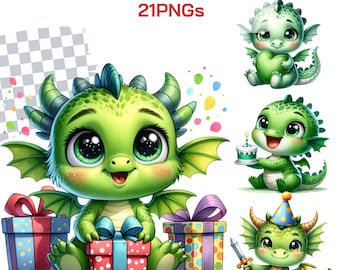 Green Dragon Clipart Happy birthday for the boy Collection | Cute Fantasy Dragon PNGs for Birthday Gifts and Decor