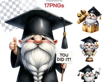 Graduation Gnome Clipart PNG Bundle Set - Perfect for Celebrating Academic Achievements and Gifts for School Graduation sublimation