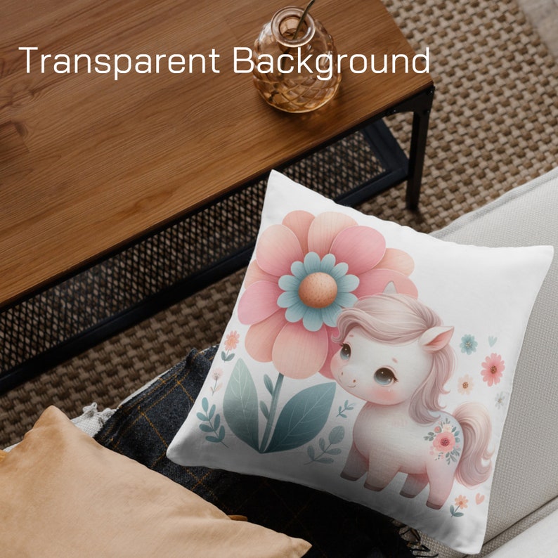 May include: White pillow with a pink flower and a white unicorn with pink accents. The unicorn is looking at the flower. The background is white.