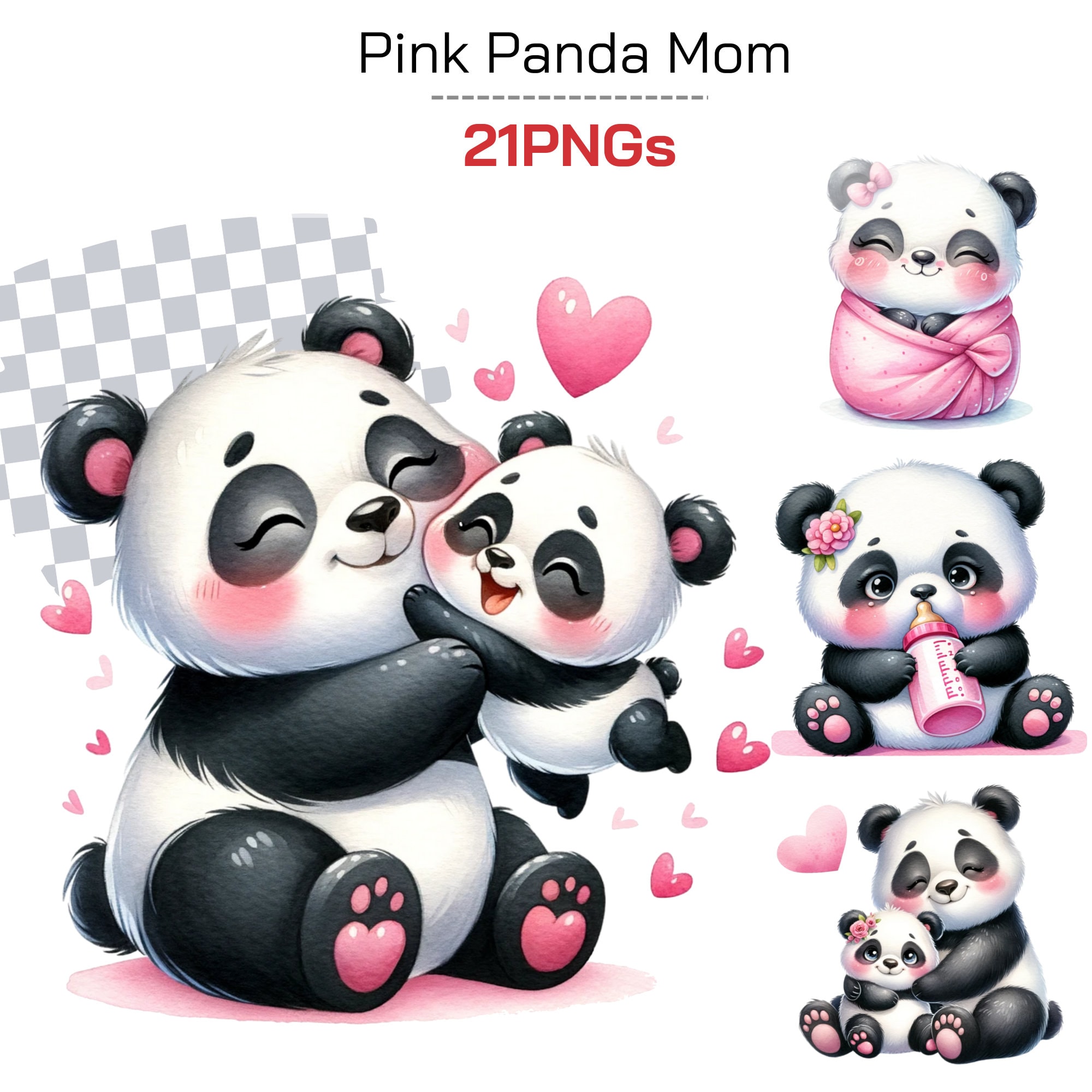 Collection de cliparts panda mignon | Art bébé panda et panda rose pour baby shower, décoration de chambre d'enfant et cadeaux de fête des mères | Chemise rose Sublimation