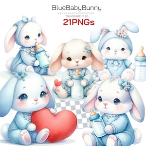 Cute Rabbit and Bunny Clipart Collection - Watercolor Bunny PNG, Adorable Rabbit Baby Shower and Nursery Art, Perfect for Woodland Themes