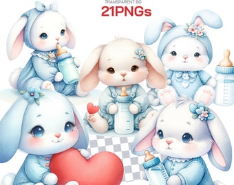 Cute Rabbit and Bunny Clipart Collection - Watercolor Bunny PNG, Adorable Rabbit Baby Shower and Nursery Art, Perfect for Woodland Themes