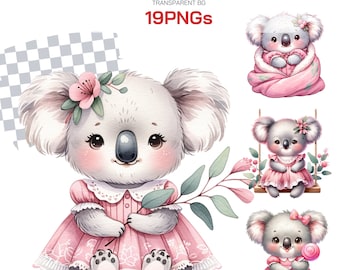 Pink Koala Clipart Collection - Adorable Australian-Themed Art for Girl Nurseries and Baby Showers Koala in cute pink dress for Sublimation