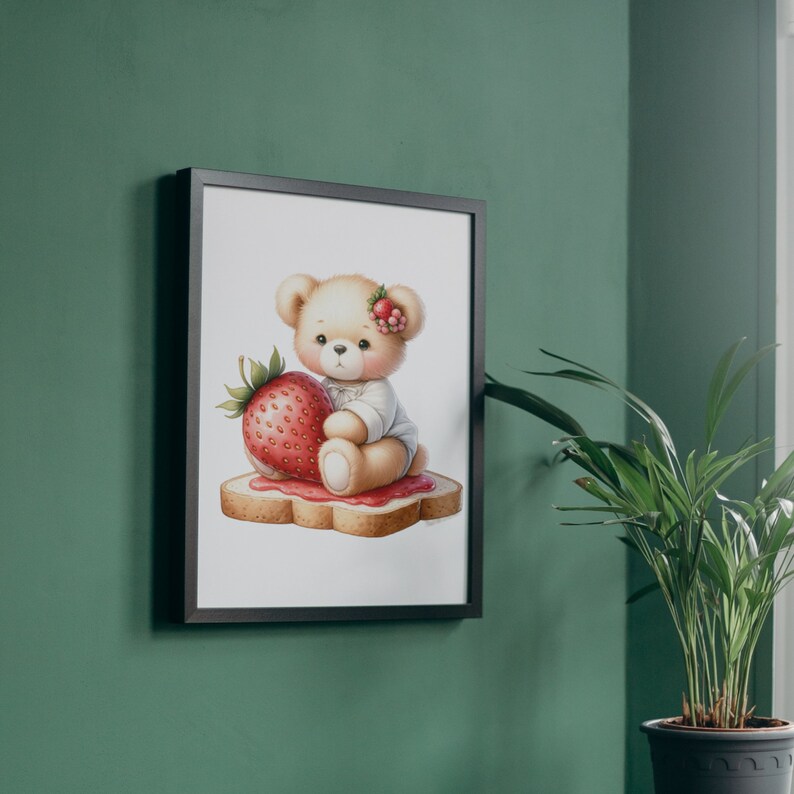 Charming Watercolor Teddy Bear Clipart - Strawberry Themed Art for Kids
