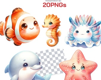 Niedliche Ozean Clipart Sammlung Entzückend unter dem Meer Tiere PNG Wale Schildkröten Delfine usw. Perfekt für Wasser- und Meeresleben Projekte