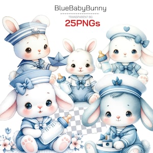 Sailor Rabbit Clipart Collection - Adorable Watercolor Bunny PNG, Nautical-Themed Rabbit Nursery Art Perfect for Baby Showers and Cute Decor
