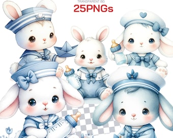 Sailor Rabbit Clipart Collection - Adorable Watercolor Bunny PNG, Nautical-Themed Rabbit Nursery Art Perfect for Baby Showers and Cute Decor