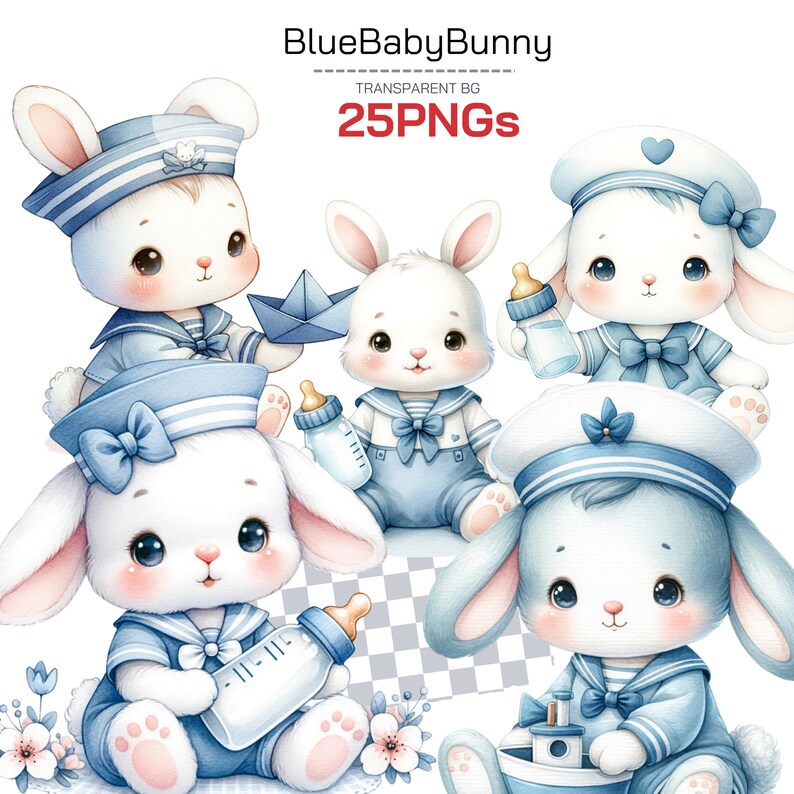 Sailor Rabbit Clipart Collection - Adorable Watercolor Bunny PNG ...