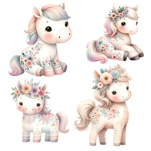May include: Four adorable cartoon horses with floral patterns and flower crowns. The horses are white with pink, blue, and purple accents. They are all in different poses, some sitting, some standing, and some lying down.