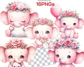 Pink Baby Elephant Clipart Adorable Safar-Jungle Nursery PNG, Cute Pink Girl Elephant with Florals gift for Baby Showers and Nursery Decor