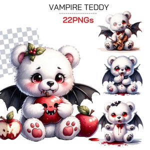 Colección de imágenes prediseñadas de osito de peluche embrujado espeluznante / Regalo de ilustraciones de peluche gótico y de terror para Halloween y artesanías espeluznantes / Vampiro Drácula
