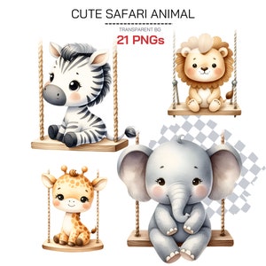 Baby safari png sull'altalena - Cute Jungle Animals PNG, Safari Nursery Decor, Baby Shower Clipart Bundle, Adorabile animale arte digitale